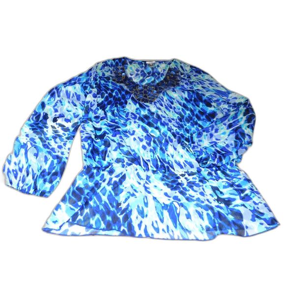 Cache Woman's Beaded Sheer Peasant Top Blue Abstract Leopard Print Sz. L Boho - Picture 7 of 8